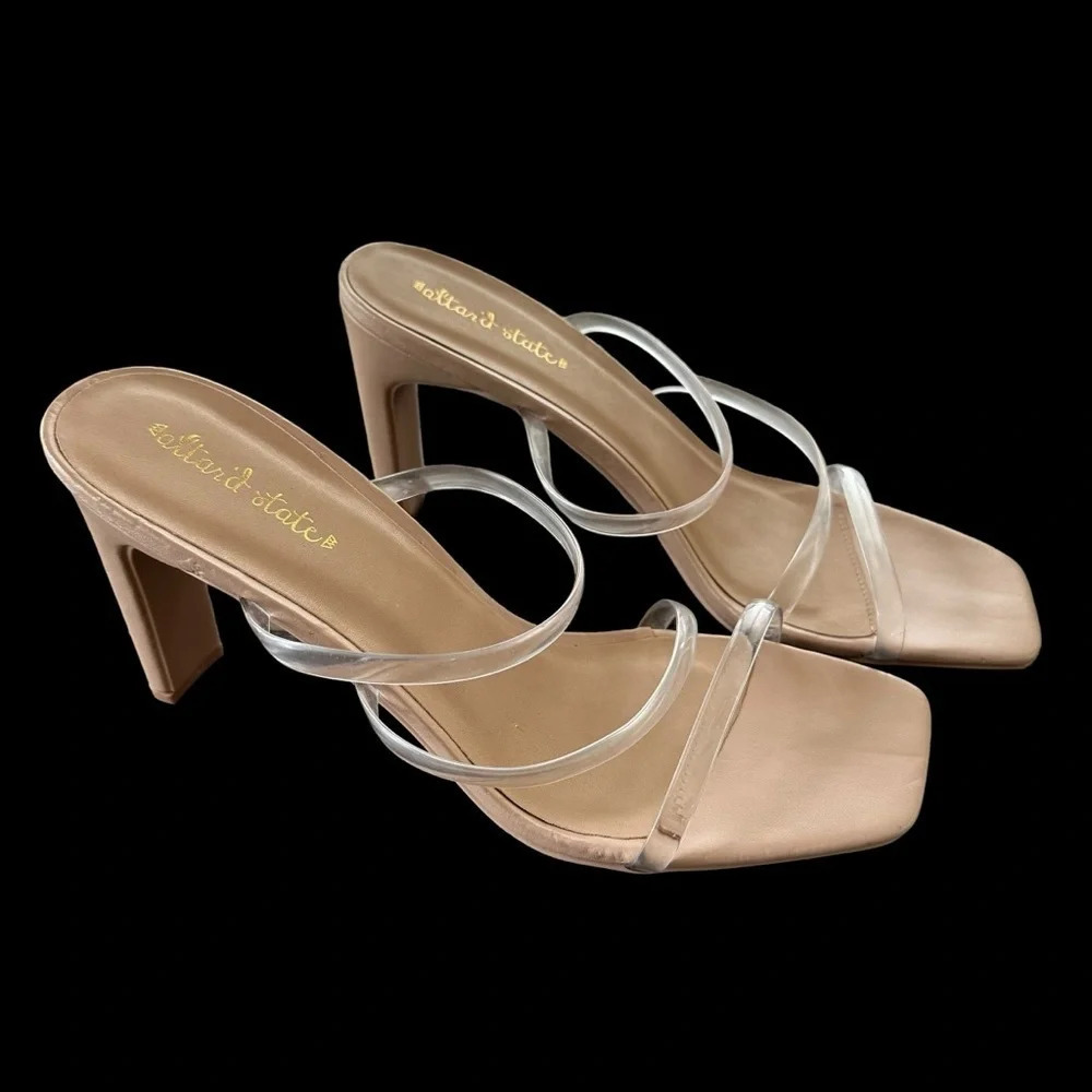 Altar’d State size 9 Clear Strap Slides Sandals Heels Party Wedding Nude Beige